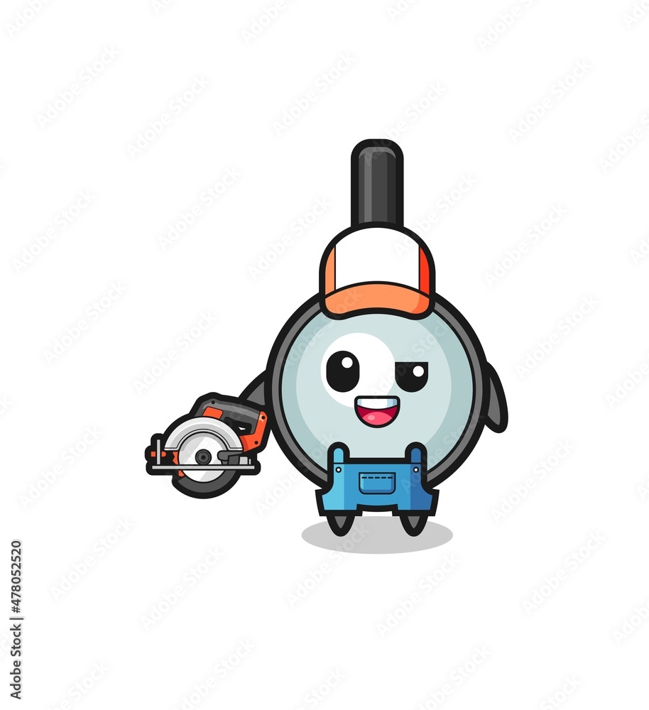 the woodworker magnifying glass mascot holding a circular saw