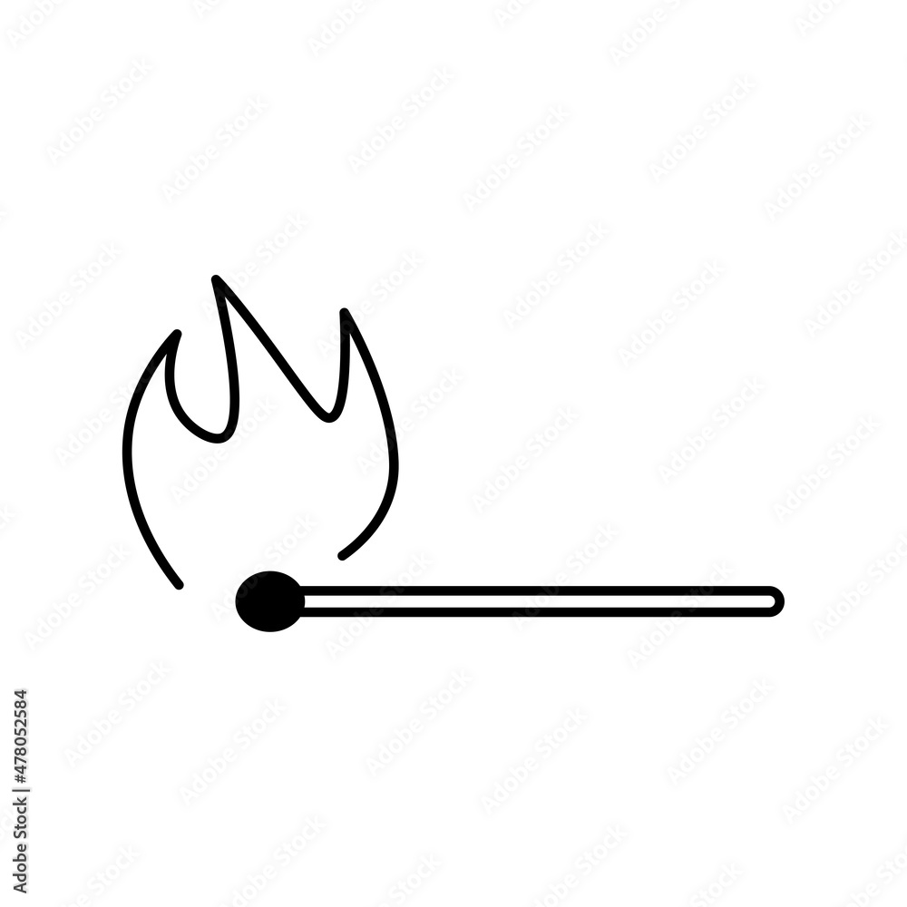 Burning match icon. Fire sign. Silhouette element. Linear graphic. Isolated object. Vector illustration. Stock image. 
