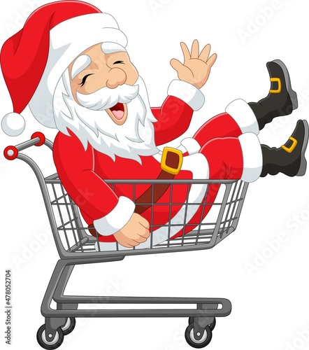 Cartoon happy santa claus sitting on shopping cart