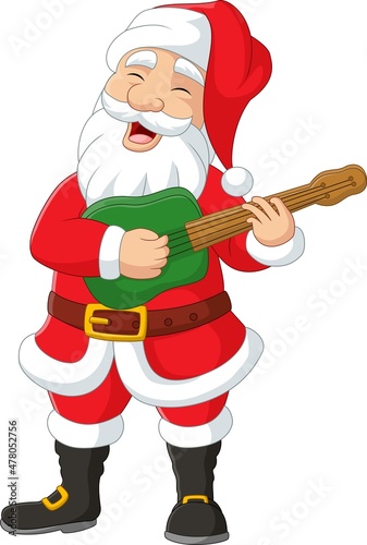 Cartoon happy santa claus playing guitar