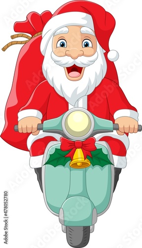 Cartoon santa claus riding a motor scooter with red sack