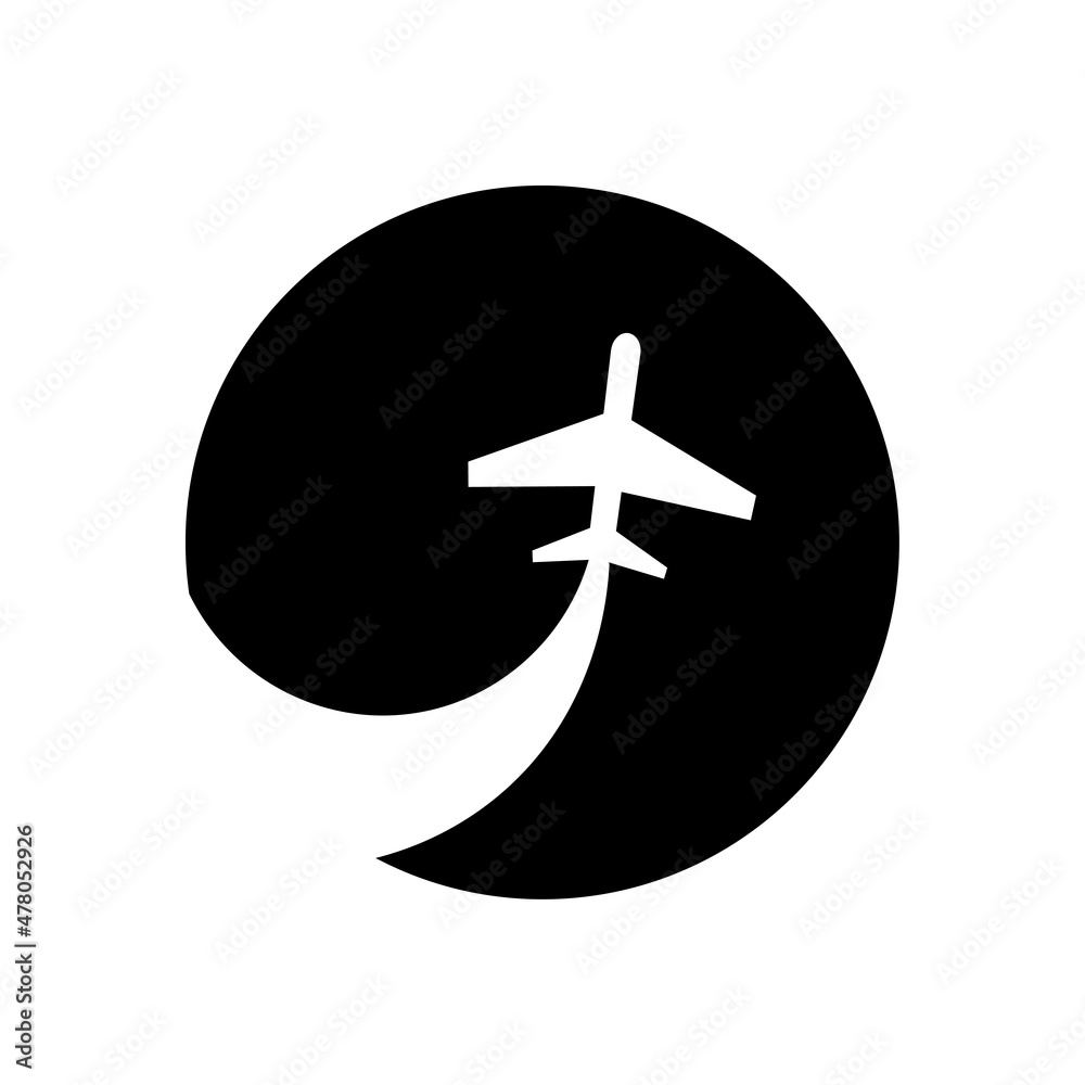 Airplane icon. Flight line. Black circle. Tourism logo. Silhouette element. Art style. Vector illustration. Stock image. Airplane icon. Flight line. Black circle. Tourism logo. Silhouette element. Art style. Vector illustration. Stock image.