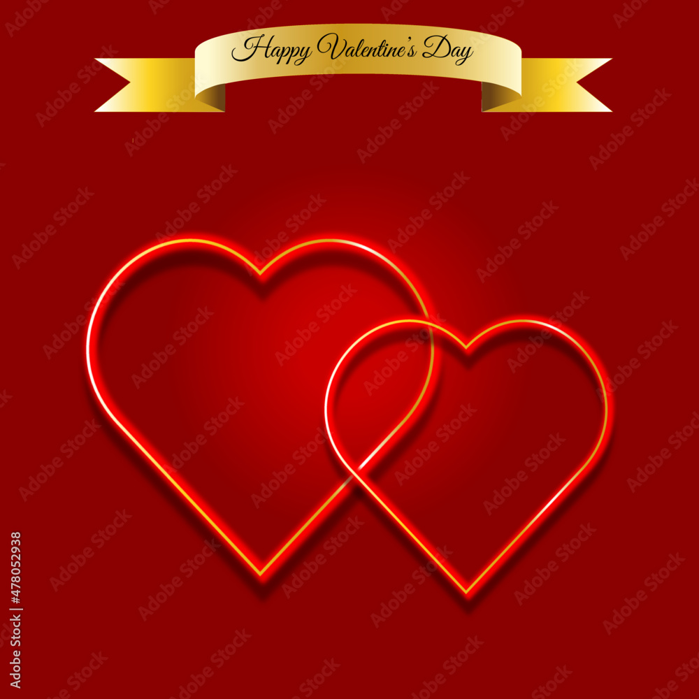 Valentine's Day greeting with neon hearts and gold ribbon