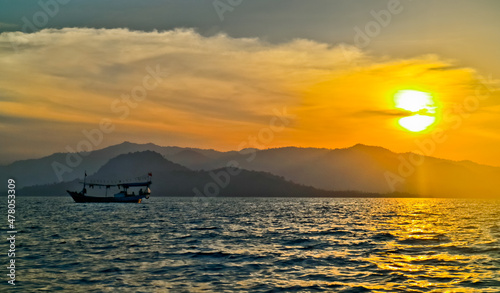 Beautiful sunset beach view on Pahawan Island. Lampung, Sumatra. Indonesia