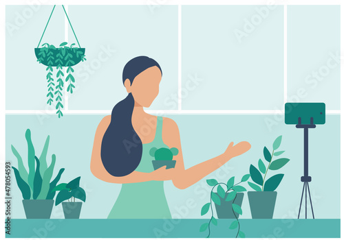 Young vlogger making content and record video on social media vector illustration. Influencer, blogger, vlogger concept