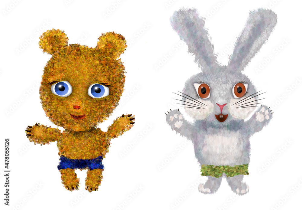 Drawing of a bear and a hare in a graphic style for children, Drawing of a bear and a hare in a graphic style for children,