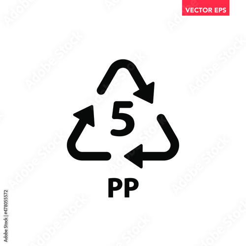 Black single plastic recycle PP 5 icon, simple recycle code flat design vector pictogram, infographic element for app logo web website button ui ux interface elements isolated on white background