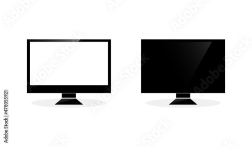Wide lcd monitor with screen for desktop computer. black vector shape.