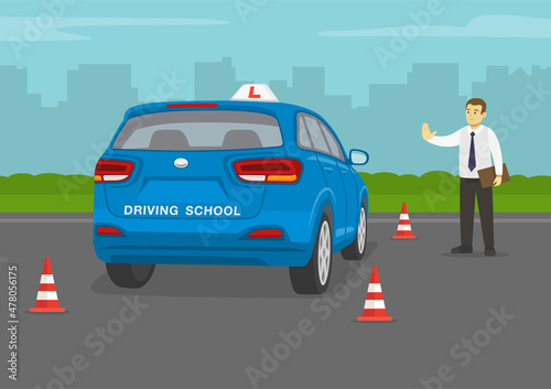 Car driving practice test with red cones. Student driver driving a blue suv car. Back view. Instructor makes a stop gesture with his hand. Flat vector illustration template.