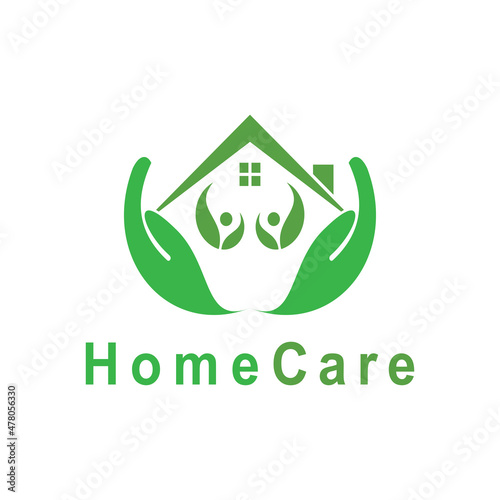 Homecare medical Logo. health care logo. Home care logo design with two person hands made form of house with green color