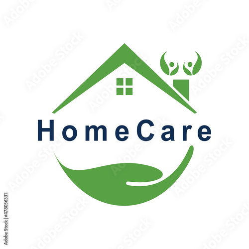 Homecare medical Logo. health care logo. Home care logo design with two person hands made form of house with green color