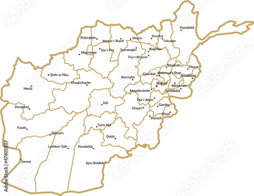 Vector white outline map of the Republic of Afghanistan. State with regional divisions and major cities. 