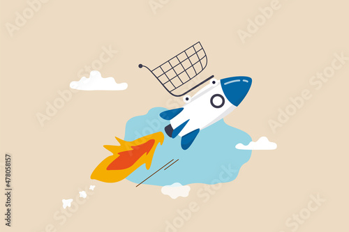 Boost sales and increase profit, achieve sales target or develop business growth, inflation and price concept, shopping cart or trolley on fast rocket booster flying hight in the sky. photo