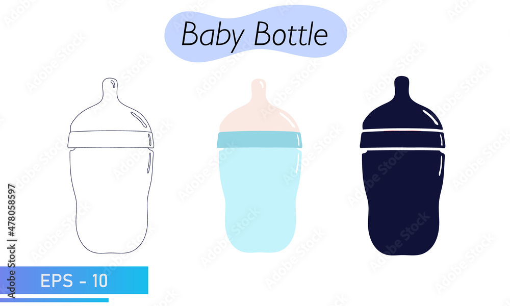 Baby bottle with a pacifier. In color, lines and solid fill. Feeding a newborn baby with a mixture or milk. Child care items. Icons. Vector illustration. Baby bottle with a pacifier. In color, lines and solid fill. Feeding a newborn baby with a mixture or milk. Child care items. Icons. Vector illustration.
