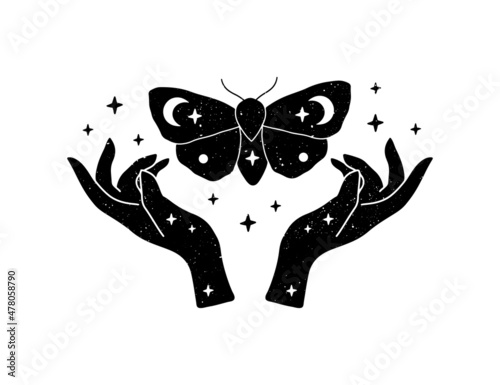 Celestial vector iilustration. Black mystical witch hands with butterfly isolated on white. Hand drawn boho poster. Luna moth symbol. Concept for t shirt print, magic card, tag, logo