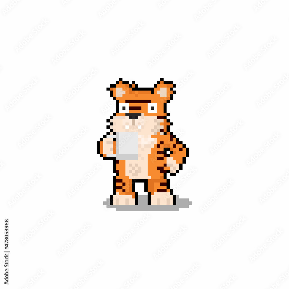 Pixel art tiger character holding a coffee mug. Pixel art tiger character holding a coffee mug.