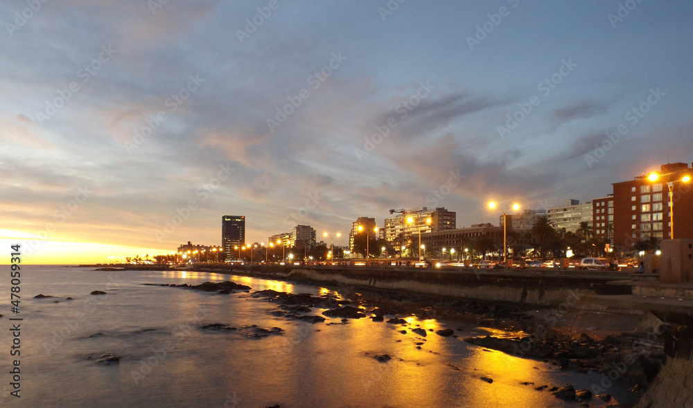 Montevideo, Uruguay city skyline at sunset.
Ramirez beach at night, lights of the Rambla Sur and wall on the coast of the Río de la Plata.