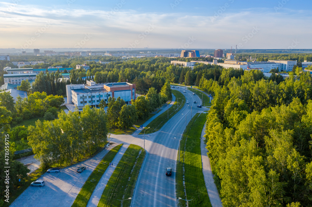 Fototapeta premium Aerial view of Akademgorodok town near the city of Novosibirsk in summer at sunset