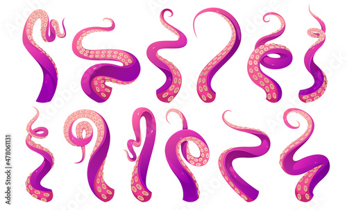 Tentacles of octopus, squid or kraken. Vector cartoon set of scary sea monster arms, purple and pink giant octopus tentacles with suckers. Cthulhu hands and legs isolated on white background photo