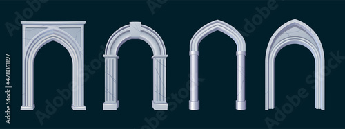 Ancient greek or roman arches from white marble. Vector cartoon set of antique architecture elements, entrance with stone pillars and columns isolated on black background