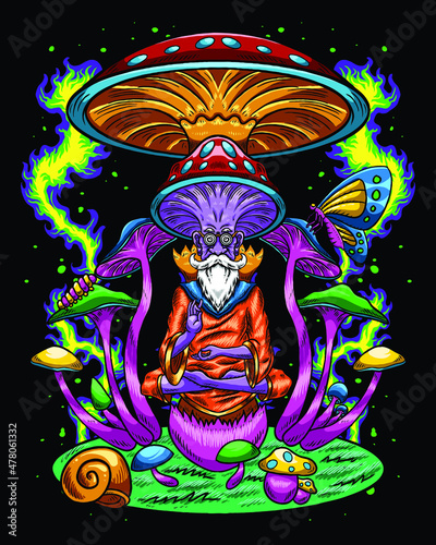 Psychedelic mushroom wise meditation illustration