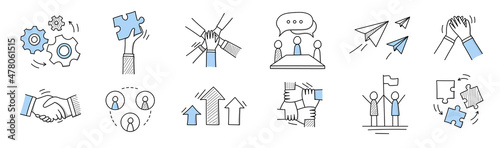 Set of doodle icons, outline business signs cogwheels, hand with puzzle piece, joined palms, negotiation, paper airplanes, high-five, handshake, raising arrows, success Linear vector illustration