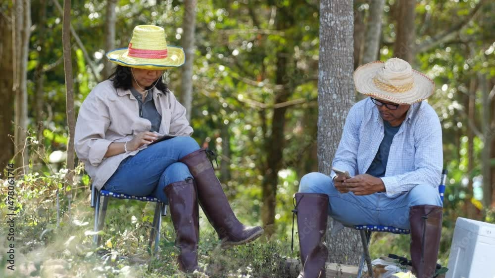 A farmer is relaxing in his rubber plantation. A farmer is relaxing in his rubber plantation.