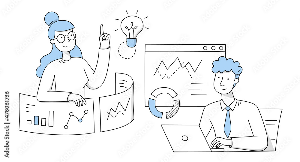 People work in office. Concept of business idea, teamwork and brainstorm. Vector doodle illustration of man with laptop and woman on meeting, diagram, charts and light bulb People work in office. Concept of business idea, teamwork and brainstorm. Vector doodle illustration of man with laptop and woman on meeting, diagram, charts and light bulb