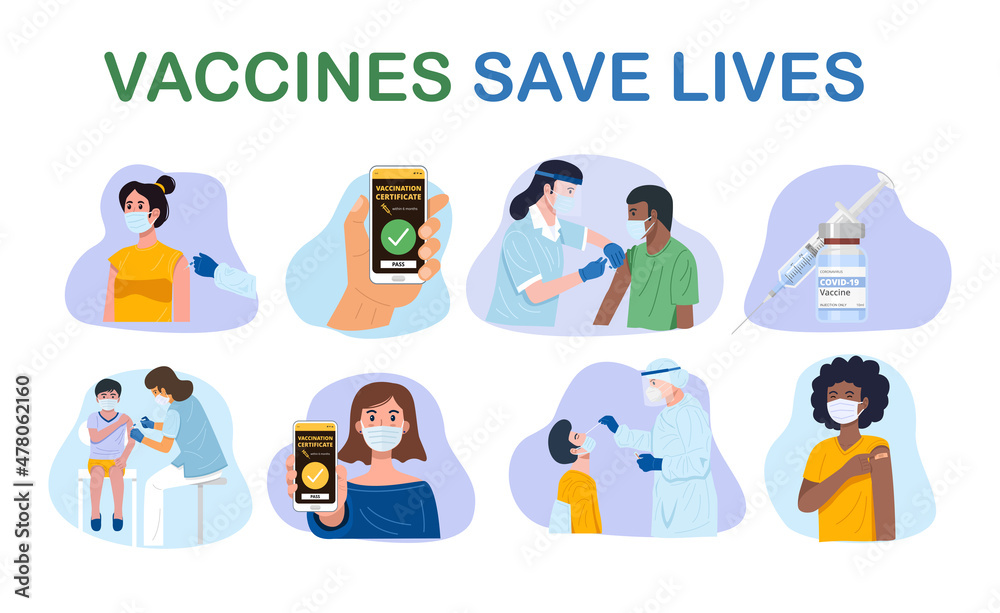 Set of vaccination concept, people with face masks getting vaccinated for covid-19. Vector Set of vaccination concept, people with face masks getting vaccinated for covid-19. Vector