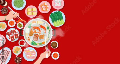 Top view of people eating Thai style BBQ or Moo Kata, Vector Illustration