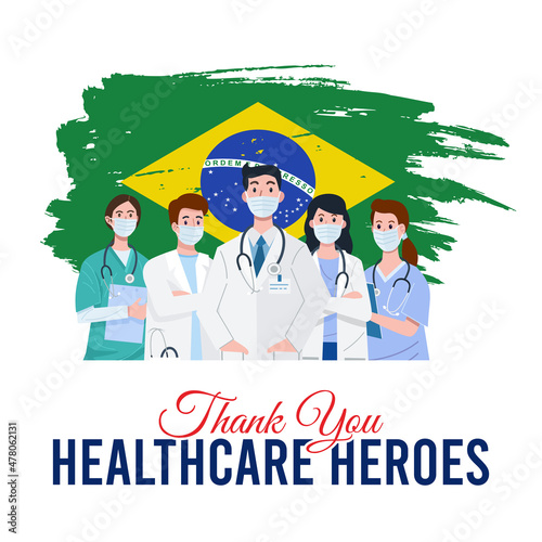 Illustration of frontline workers wearing face masks with flag of Brazil as a background. Vector