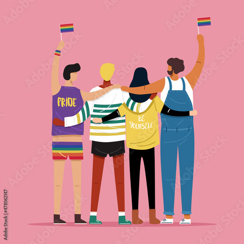Back view of young people hugging together and holding LGBT rainbow flag.