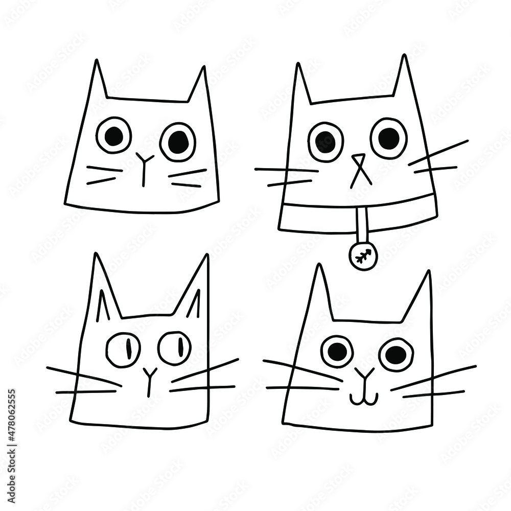Raster File Cat Example Cute cats raster outline set Simple children Doodle style silly funny ...