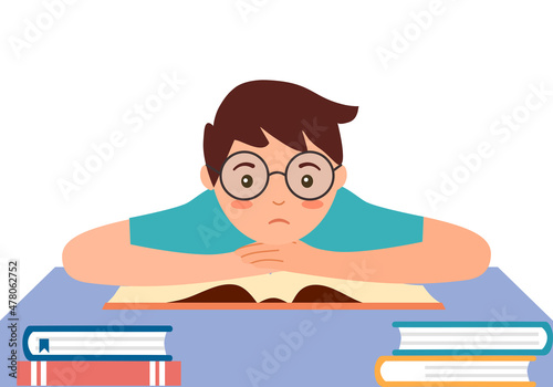 Boy student boring reading or doing homework in flat design on white background. Boring face with books.