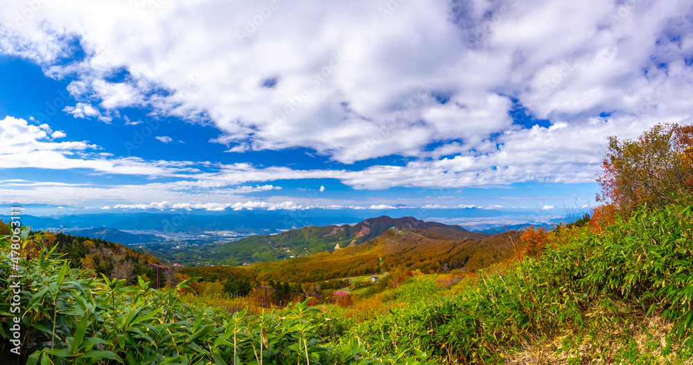 Overlooking autumn mountains and town from higher mountain (Zao, Yamagata, Japan)