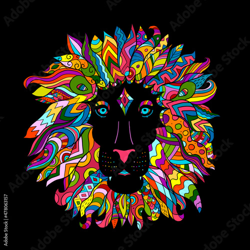 Hand drawn outline lion head decorated with abstract doodle zentangle ornamen...