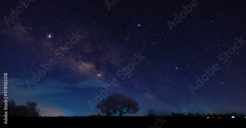 Blue night panorama  milky way sky and stars on a dark background  a universe full of stars  nebula and noisy galaxy.