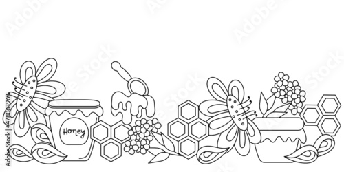 Doodles Honey horizontal border. Beekeeping, apiary. Line art vector illustration. Black and white design