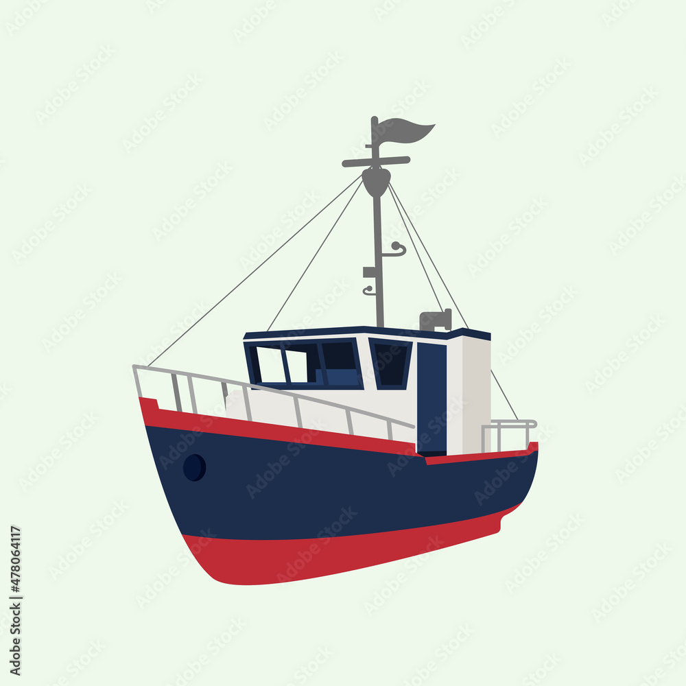 Fisherman boat vector illustration.Sea or ocean transportation, marine ship for industrial seafood production vector illustration in flat style. Fisherman boat vector illustration.Sea or ocean transportation, marine ship for industrial seafood production vector illustration in flat style.
