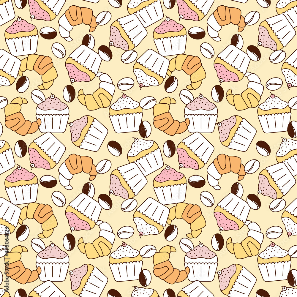 Seamless pattern. Bright little cupcakes croissants coffee beans for the holiday. Seamless pattern. Bright little cupcakes croissants coffee beans for the holiday.