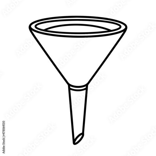 Kitchen funnel vector icon. Hand-drawn illustration isolated on white background. Culinary tool for filtering liquids, pouring drinks. Simple sketch, black cutlery outline.