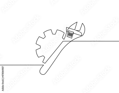 Continuous line drawing of gear and wrench, object one line, single line art, vector illustration