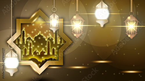 Eid Mubarak and Ramadan Kareem Islamic vector design with beautiful illuminated arabic lamp and gold ornament designs