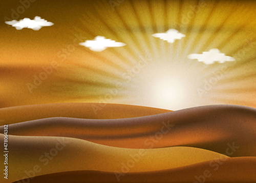 Realistic desert landscape with sunset. Beautiful view on realistic sand dunes with sunset. 3d vector illustration of sandy desert.