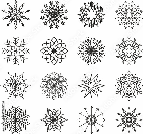 Vector set of silhouettes of snowflakes. Winter drawing. Snow shadow. 