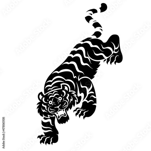 black tiger graphic on white background, ancient chinese style.