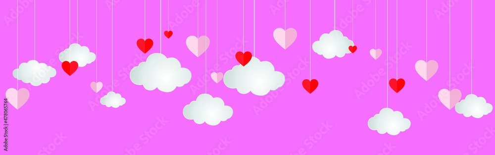 Valentine's Day background in paper cut, clouds and hearts hang from the ceiling banners in pink