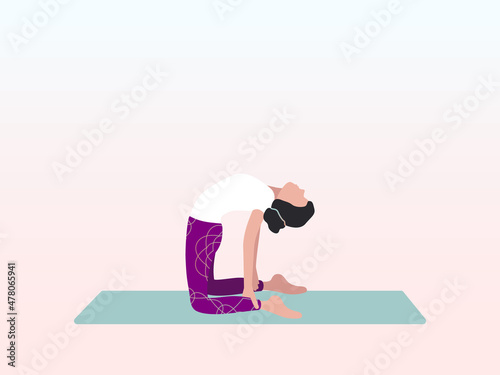 The woman practices yoga in the camel or Ushtrasana pose. Can be used for poster, banner, flyer, postcard, website.