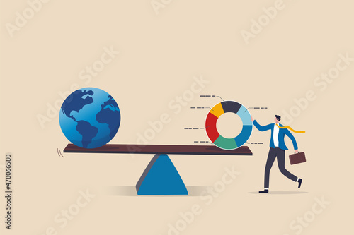 Global investment asset allocation, rebalance portfolio for international stocks, bond or real estate, wealth management concept, businessman fund manager balance pie chart with globe or world.