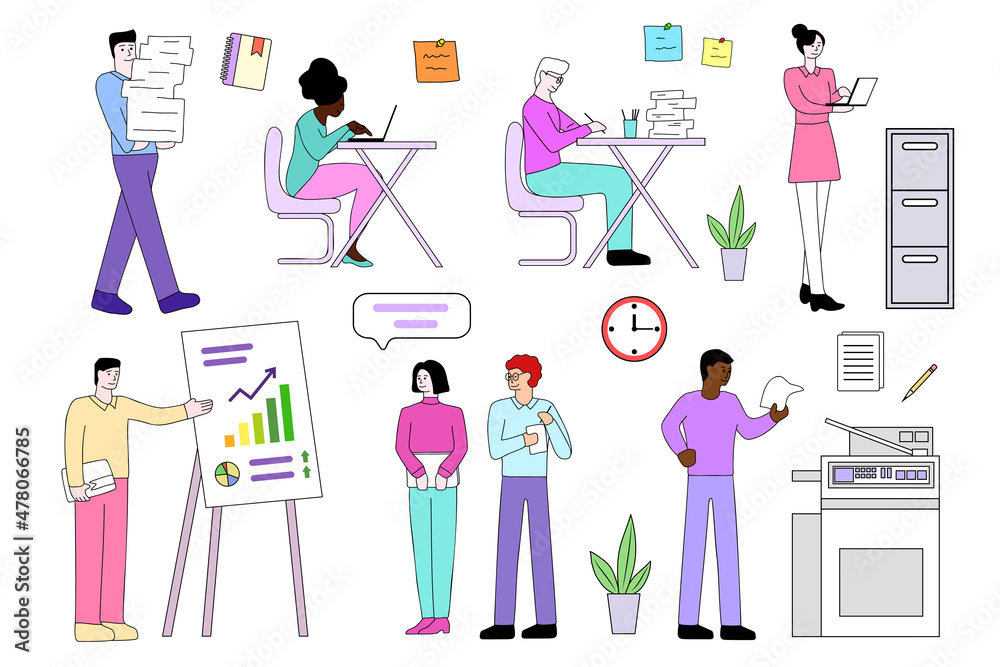 Office workers doing a variety of jobs. Isolated on a white background in a flat, cartoon style. Vector illustration of office employees for blogs, websites, mobile applications, promotional materials Office workers doing a variety of jobs. Isolated on a white background in a flat, cartoon style. Vector illustration of office employees for blogs, websites, mobile applications, promotional materials